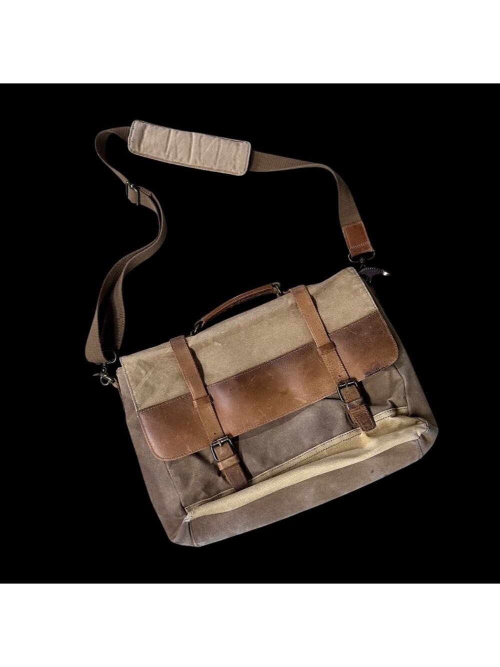 Newhey Canvas Waxed Messenger Laptop Bag Leather Accents Adjustable Strap Brown